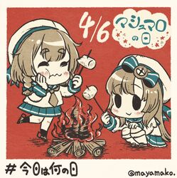  2girls blush bow braid campfire chibi closed_eyes dated eating etorofu_(kancolle) fire food food_in_mouth gloves hat highres imatomo_mahya kantai_collection long_hair long_sleeves marshmallow matsuwa_(kancolle) multiple_girls sailor_collar sailor_hat school_uniform serafuku simple_background skirt smile squatting twitter_username 