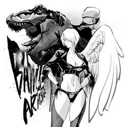  2boys angel_(kof) bad_id bad_twitter_id breasts crop_top dinosaur_costume english_text eyepatch female highres inactive_account king_of_dinosaurs large_breasts midriff multiple_boys navel one_eye_covered ramon_(kof) short_hair simple_background single_wing the_king_of_fighters wenwen white_background white_hair wings 