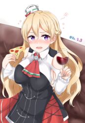  absurdres anchor ascot bad_id bad_pixiv_id bare_shoulders blonde_hair blush bottle braid breasts brown_eyes corset cushion drunk eating female food french_braid from_above glass hair_between_eyes hat highres ibuki_grunt kantai_collection large_breasts layered_skirt long_hair looking_at_viewer looking_up mini_hat miniskirt pizza purple_eyes shirt side_braid simple_background sitting skirt solo squeans tilted_headwear twitter_username wavy_hair white_background white_shirt wine_bottle zara_(kancolle) 