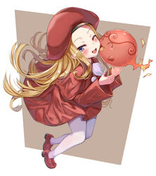  belfraw_martini beret blonde_hair blue_eyes blush cheek-to-cheek commentary_request creature dress from_side full_body hat heads_together highres kamita loafers long_hair long_sleeves one_eye_closed onibi_(summon_night) open_mouth pantyhose parted_bangs red_dress red_headwear shoes smile summon_night summon_night_3 two-tone_background very_long_hair white_legwear 