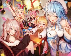  5girls arm_up asymmetrical_horns bare_shoulders blonde_hair bow breasts chair commentary_request daifuku_(yukihana_lamy) green_eyes grey_eyes hair_ornament highres holding holofive hololive horn_bow horn_ornament horns indoors long_hair looking_at_viewer mano_aloe momosuzu_nene momosuzu_nene_(1st_costume) multicolored_hair multiple_girls navel off_shoulder omaru_polka omaru_polka_(1st_costume) open_mouth party_popper pink_hair pointy_ears shishiro_botan shishiro_botan_(1st_costume) sue_(bg-bros) table two-tone_hair uneven_horns virtual_youtuber window yellow_eyes yukihana_lamy yukihana_lamy_(1st_costume) 