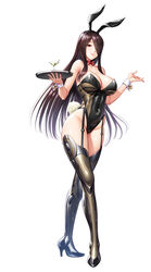  animal_costume animal_ears bow breasts cleavage cuffs cup female full_body fuuma_saika garter_straps glass hair_over_one_eye high_heels highleg highleg_leotard highres holding holding_tray large_breasts leotard long_hair looking_at_viewer mole mole_under_mouth playboy_bunny prosthesis prosthetic_leg rabbit_ears rabbit_tail smile solo strapless tail taimanin_(series) taimanin_rpgx tray wrist_cuffs zol 