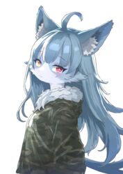  2023 absurd_res ahoge anthro blue_body blue_fur blue_hair blush camo camo_clothing camo_print cheek_tuft clothed clothing cute_fangs delfino_r digital_media_(artwork) domestic_cat facial_tuft felid feline felis femboy fluffy forked_tail fur hair heterochromia hi_res jacket japan_air_self-defense_force kemono long_hair looking_at_viewer male male_anthro mammal multicolored_body multicolored_fur neck_tuft omaneko_(jasdf) pattern_clothing portrait red_eyes simple_background solo tail topwear tuft two_tone_body two_tone_fur unusual_anatomy unusual_tail whiskers white_background white_body white_fur yellow_eyes 