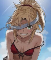  bad_id bad_twitter_id bare_shoulders bikini blindfold blindfold_slip blonde_hair blue_sky blush breasts collarbone day fate/grand_order fate_(series) female green_eyes grin hair_ornament hair_scrunchie highres long_hair looking_at_viewer mordred_(fate) mordred_(swimsuit_rider)_(fate) mordred_(swimsuit_rider)_(first_ascension)_(fate) parted_bangs ponytail red_bikini scrunchie sidelocks sky small_breasts smile solo swimsuit tonee 