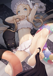  abigail_williams_(fate/grand_order) abigail_williams_(swimsuit_foreigner)_(fate) arm_behind_head arm_up armpits bangs banned_artist bare_shoulders bikini black_cat blonde_hair blue_eyes bonnet bow breasts fate/grand_order fate_(series) feet feline female forehead hairbow innertube kyoeiki legs long_hair lying miniskirt navel on_back parted_bangs sidelocks skirt small_breasts soles swimsuit toes twintails very_long_hair white_bikini white_bow white_headwear 