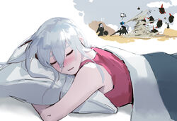  3girls amiya_(arknights) arknights bad_id bad_twitter_id bare_arms bare_shoulders blanket blush breasts camisole closed_eyes commentary dongho_kang dreaming drooling english_commentary gameplay_mechanics grey_hair hair_between_eyes holding hugging_object long_hair lying multiple_girls on_bed on_stomach open_mouth originium_slug_(arknights) pillow pillow_hug pink_tank_top saliva skadi_(arknights) sleeping solo_focus specter_(arknights) sword tank_top weapon 