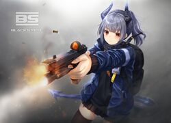  absurdres arknights dragon_girl dragon_horns dragon_tail enpera_(jdud8375) female finger_on_trigger firing glock grey_hair gun handgun highres holding holding_gun holding_weapon horns liskarm_(arknights) muzzle_device muzzle_flash orange_eyes skindentation skirt smoke solo tail weapon 