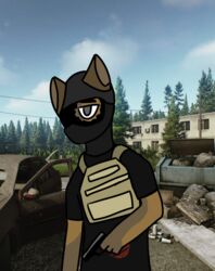  anthro armor canid canine canis coyote escape_from_tarkov eyewear goggles gun handgun headgear helmet hi_res johmn male mammal mask pistol plate_carrier ranged_weapon solo tarkov weapon 