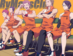  5boys :d ataka_takeru bad_id bad_pixiv_id black_gloves black_hair black_legwear brown_hair chair copyright_name flexing glasses gloves gokura_kotetsu grin highres male_focus mashiba_yuho multiple_boys muscular muscular_male orange_footwear orange_gloves orange_shorts pink_hair pose red_eyes red_hair ryman&#039;s_club saruhashi_yuukei shoes short_hair shorts sitting sleeveless smile sneakers socks sportswear striped_clothes striped_socks sweatband tachibana_azuma toned toned_male tonozaki_shiryuu yellow_background 