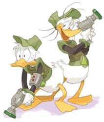  2012 anatid anseriform anthro avian beak bird bottomless clothed clothing disney donald_duck duck duo fethry_duck gun handgun hat headgear headwear low_res male nemurism open_mouth ranged_weapon simple_background weapon 