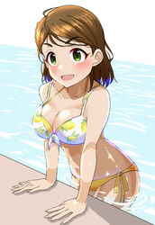  ahoge bikini breasts brown_hair cleavage commentary_request female front-tie_bikini_top front-tie_top gorohati green_eyes hair_ornament hairclip idolmaster idolmaster_cinderella_girls large_breasts layered_bikini lemon_print mismatched_bikini mole no_eyewear open_mouth poolside short_hair side-tie_bikini_bottom solo swimsuit tsuchiya_ako water wet wet_clothes wet_swimsuit 