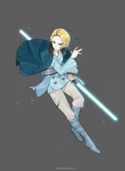  alternate_costume artist_name blonde_hair blue_dress blue_footwear blue_lightsaber boots breasts commentary double_bladed_lightsaber dress energy_sword female fire_emblem fire_emblem:_three_houses forehead full_body fur_trim green_eyes grey_background grey_pants highres holding_lightsaber ingrid_brandl_galatea lightsaber long_sleeves medium_breasts pants short_dress short_hair silvercandy_gum simple_background solo star_wars sword torn_clothes watermark weapon wide_sleeves 