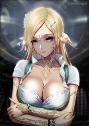  au_ra black_eyes blonde_hair blurry blurry_background bracelet breasts cleavage crossed_arms dragon_horns dragon_tail female final_fantasy final_fantasy_xiv hair_ornament hairclip highres horns jewelry large_breasts looking_at_viewer parted_bangs scales solo tail upper_body warrior_of_light_(ff14) zeri_(zeristudio) 