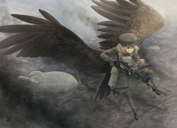  aircraft asterisk_kome bayonet bird_wings black_footwear black_gloves black_wings boots brown_eyes brown_hair closed_mouth coat commentary dirigible female fingerless_gloves flying frown gloves goggles goggles_on_headwear grey_coat grey_hat grey_sky gun hat highres holding holding_gun holding_weapon knee_boots lanchester_smg long_sleeves low_wings machine_gun medium_hair military military_uniform mp18 outdoors sky smoke solo submachine_gun trigger_discipline uniform war weapon winged_fusiliers wings 