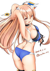  arms_behind_head artist_name ass bikini black_choker blue_bikini breasts brown_eyes choker cleavage commentary_request cowboy_shot dated female hair_ornament hair_ribbon johnston_(kancolle) johnston_kai_(swimsuit_mode)_(kancolle) kantai_collection light_brown_hair long_hair looking_at_viewer medium_breasts moke_ro ribbon smile solo swimsuit twisted_torso two_side_up 