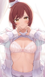  absurdres blush bow bra breasts brown_hair clothes_lift collarbone female hairbow highres idolmaster idolmaster_shiny_colors kijibato_123-gou lace-trimmed_bra lace_trim long_hair looking_at_viewer loungewear medium_breasts navel osaki_amana pants smile solo striped_clothes striped_sweater sweat sweater sweater_lift swept_bangs tears underwear wavy_mouth yellow_eyes 