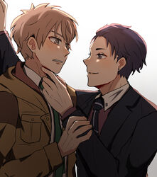  2boys black_hair black_necktie blush brown_hair coat commentary earrings eye_contact formal fugou_keiji_balance:unlimited green_necktie hand_up highres jewelry kabedon kanbe_daisuke katou_haru long_sleeves looking_at_another male_focus mirugi multiple_boys necktie smile suit white_background yaoi 