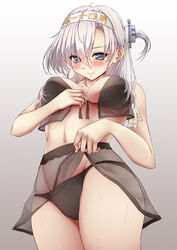  bikini bikini_skirt black_bikini breasts clothes_lift commentary_request cowboy_shot female from_below gradient_background grey_background grey_eyes grey_hair groin highres kantai_collection lifting_own_clothes long_hair medium_breasts nuka_(nvkka) one_side_up see-through see-through_skirt skirt skirt_lift solo standing suzutsuki_(kancolle) suzutsuki_(swimsuit_mode)_(kancolle) swimsuit 