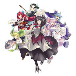  6+girls a-er_(akkij0358) animal_feet apron aqua_eyes black_hair blue_eyes blue_hair boots breasts chamber_dragonmaid cleavage clipboard dragon_girl dragon_horns dragon_tail dragon_wings duel_monster fingerless_gloves gloves green_eyes green_hair highres horns house_dragonmaid kitchen_dragonmaid large_breasts laundry_dragonmaid long_hair long_sleeves looking_at_viewer maid maid_apron maid_headdress monster_girl multiple_girls nurse_dragonmaid open_mouth parlor_dragonmaid pink_eyes pink_hair puffy_sleeves red_hair short_sleeves tail teapot twintails white_hair wide_sleeves wings yellow_eyes yu-gi-oh! 