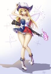  :d alternate_costume arm_up ass_visible_through_thighs assault_rifle bare_arms bare_shoulders blonde_hair blue_background boots breasts clownpiece collarbone commentary cowboy_hat cross-laced_footwear different_shadow dress fairy_wings female fii_fii_(feefeeowo) fire flag_dress flag_print full_body gradient_background gun hand_on_headwear hat highres holding holding_gun holding_weapon knee_boots knees_together_feet_apart long_hair looking_at_viewer m16 m16a2 medium_breasts no_panties pigeon-toed polka_dot print_dress red_eyes rifle shadow short_dress signature sleeveless sleeveless_dress smile solo sparkle_background standing standing_on_one_leg texas texas_flag texas_flag_dress texas_flag_print thigh_gap thigh_strap thighs touhou weapon white_background white_footwear white_hat wings 