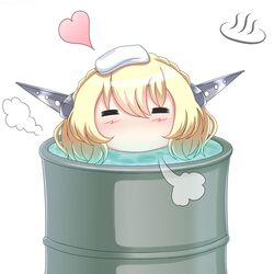  =_= bathing blonde_hair chibi closed_eyes colorado_(kancolle) drum_(container) drum_bath female headgear heart highres kantai_collection onsen_symbol partially_submerged riretsuto short_hair solo towel towel_on_head 