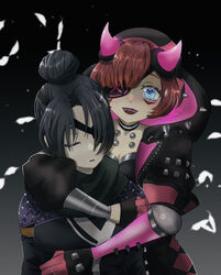  2girls animification apex_legends bad_id bad_pixiv_id black_bodysuit black_jacket blue_eyes bodysuit breasts cleavage closed_eyes cyber_punked_wattson eyepatch hair_bun hood hooded_jacket horns hug hug_from_behind jacket lipstick makeup mechanical_arms multiple_girls nepitasu open_mouth purple_lips red_hair single_hair_bun single_mechanical_arm smile wattson_(apex_legends) wraith_(apex_legends) yandere yuri 