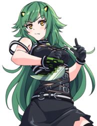  belt black_belt black_gloves black_skirt blush crop_top fang_out female gloves green_hair head_tilt holding holding_knife karahai_(31448823) kitakoji_hisui kitakoji_hisui_(2nd_costume) knife long_hair looking_at_viewer nijisanji oerba_yun_fang orange_eyes reverse_grip skin_fang skirt solo transparent_background v-shaped_eyebrows virtual_youtuber 