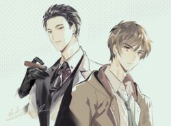  2boys black_gloves black_hair black_necktie brown_hair cigar coat commentary earrings formal fugou_keiji_balance:unlimited gloves highres jewelry kanbe_daisuke katou_haru looking_at_viewer male_focus manly multiple_boys necktie signature simple_background standing stud_earrings suit upper_body yinzinmiemie 