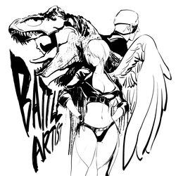  2boys angel_(kof) bad_id bad_twitter_id breasts crop_top dinosaur_costume english_text eyepatch female greyscale highres inactive_account king_of_dinosaurs large_breasts midriff monochrome multiple_boys navel one_eye_covered ramon_(kof) short_hair simple_background single_wing the_king_of_fighters wenwen white_background wings 