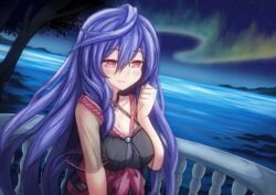  alternate_costume aurora blue_hair blush breasts collarbone commission female hair_between_eyes highres iris_heart kami_jigen_game_neptune_v large_breasts long_hair neptune_(series) novus_rue ocean pink_eyes power_symbol power_symbol-shaped_pupils sky smile solo star_(sky) starry_sky symbol-shaped_pupils tree 