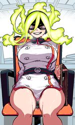  black_mask blush boku_no_hero_academia breasts burnin_(boku_no_hero_academia) buttons chair domino_mask eye_mask eyebrows_visible_through_mask female fiery_hair floating_hair green_hair grin holding kingbawoon korean_commentary large_breasts long_hair long_sleeves looking_at_viewer mask sitting smile solo sweat 