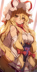  bare_shoulders blonde_hair bow bowtie breasts brown_eyes commentary female hair_between_eyes hairbow hat hat_ribbon highres long_hair looking_at_viewer md5_mismatch medium_breasts mob_cap piyokichi red_bow red_bowtie red_ribbon ribbon solo touhou upper_body very_long_hair white_hat yakumo_yukari 