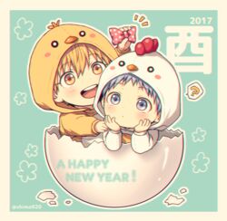  2017 2boys :d ? aged_down blonde_hair blue_eyes blue_hair blush border bow chicken_costume chinese_zodiac closed_mouth commentary_request cracked_egg egg english_text expressionless hair_between_eyes hand_up hands_on_own_chin happy happy_new_year holding holding_bow_(ornament) hood hood_up kise_ryouta kuroko_no_basuke kuroko_tetsuya lolicon long_sleeves male_focus mashima_shima multiple_boys new_year notice_lines open_mouth outline pink_bow polka_dot polka_dot_bow rooster_costume short_hair smile spoken_question_mark teeth twitter_username upper_teeth_only white_border white_outline year_of_the_rooster yellow_eyes 