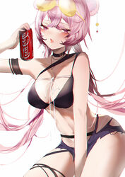  absurdres arknights bad_id bad_pixiv_id bare_arms bare_shoulders bikini black_bikini black_choker blush breasts can choker coca-cola commentary_request cowboy_shot eyewear_on_head female highres holding holding_can large_breasts lin_(arknights) long_hair looking_at_viewer navel official_alternate_costume open_mouth pink_eyes pink_hair simple_background solo stomach sunglasses swimsuit thighs very_long_hair white_background xiongshouji 