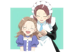  2girls :d ^_^ anne_shelley artistic_error blue_background blue_dress blush brown_hair brushing_another&#039;s_hair brushing_hair closed_eyes comb dress facing_viewer highres katarina_claes long_sleeves maid maid_headdress multiple_girls necktie open_mouth otome_game_no_hametsu_flag_shika_nai_akuyaku_reijou_ni_tensei_shite_shimatta puffy_short_sleeves puffy_sleeves scar scar_on_face scar_on_forehead short_hair short_sleeves smile standing ti_boi 