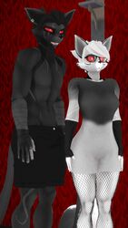  3d_(artwork) 9:16 akuma_(domibun) anthro arm_wraps black_bottomwear black_clothing black_pants black_shorts bottomwear breasts canid canid_demon canine clothed clothing demon digital_media_(artwork) domibun dress duo ear_piercing ear_ring eyewear female fingerless_gloves fishnet_clothing fishnet_legwear fur glasses gloves grey_body grey_fur hair handwear hellhound hi_res legwear male mammal medium_breasts multicolored_body multicolored_fur mythological_canine mythological_creature mythology open_mouth pants pants_only piercing red_sclera ring_piercing roxy_(boredbun) shorts shorts_only source_filmmaker_(artwork) standing topless topless_anthro topless_male two_tone_body two_tone_fur warfare_machine white_body white_eyes white_fur white_hair wraps 