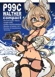  animal_ear_fluff animal_ears bikini black_bikini blonde_hair blue_eyes bracelet breasts choker commission earrings english_text female glasses gun handgun highres holding holding_gun holding_magazine_(weapon) holding_weapon jacket jewelry looking_at_viewer magazine_(weapon) nancou_(nankou) navel off_shoulder open_clothes open_jacket original semi-rimless_eyewear short_hair side-tie_bikini_bottom skeb_commission small_breasts smile solo swimsuit tail thigh_strap trigger_discipline under-rim_eyewear underwear walther walther_p99 weapon 