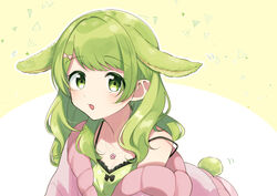  animal_ears black_bow bow camisole commentary_request female green_camisole green_eyes green_hair hairbow highres jewelry long_hair looking_at_viewer morinaka_kazaki necklace nijisanji off_shoulder outline pink_bow pink_sweater polka_dot_camisole rabbit_ears rabbit_tail solo strap_slip sweater tail virtual_youtuber white_outline yuama_(drop) 