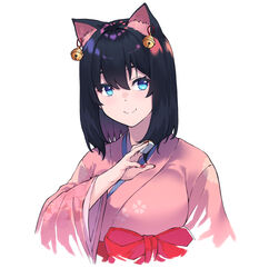  animal_ears bell black_hair blue_eyes bow breasts cat_ears cropped_torso eyebrows_hidden_by_hair female highres holding holding_mahjong_tile japanese_clothes kimi_tsuru kimono mahjong mahjong_tile medium_breasts medium_hair nijisanji onomachi_haruka onomachi_haruka_(3rd_costume) red_bow simple_background smile solo upper_body virtual_youtuber white_background 