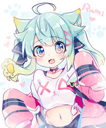  :d ahoge blue_eyes blush breasts commentary_request crop_top female green_hair groin heart highres indie_virtual_youtuber jacket kiri_sakura lanmewko long_hair long_sleeves looking_at_viewer midriff navel oerba_yun_fang off_shoulder open_clothes open_jacket open_mouth pink_eyes pink_jacket shirt sleeves_past_fingers sleeves_past_wrists small_breasts smile solo twintails virtual_youtuber white_background white_shirt 