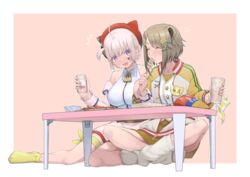  2girls ^^^ ^_^ animal_ears animare aogiri_koukou armband bag_of_chips bandaid bandaid_on_face bare_shoulders bear_ears bottle breasts brown_hair closed_eyes collared_shirt cup feeding flat_chest food full_body grey_hair hair_ornament hairclip hat heart highres holding holding_bottle holding_cup indian_style jacket kazu_no_reason konan_mia konan_mia_(1st_costume) large_breasts long_sleeves multiple_girls nanashi_inc. one_side_up ooshiro_mashiro open_mouth purple_eyes red_headwear shirt short_hair sitting skewer sleeveless sleeveless_shirt socks sweat table thigh_strap vest virtual_youtuber wariza white_shirt white_socks white_vest wrist_cuffs x_hair_ornament yellow_socks yuri 