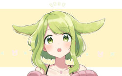  :o animal_ears collarbone commentary_request female green_eyes green_hair highres jewelry looking_at_viewer morinaka_kazaki necklace nijisanji notice_lines outline portrait rabbit_ears short_hair_with_long_locks simple_background solo virtual_youtuber white_outline yellow_background yuama_(drop) 