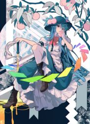  absurdres apron black_hat blue_hair blue_skirt boots brown_footwear cross-laced_footwear dress_shirt female food frills fruit hat hat_leaf highres hinanawi_tenshi kyusoukyu leaf long_hair neck_ribbon peach puffy_short_sleeves puffy_sleeves rainbow_order red_eyes ribbon shirt short_sleeves skirt solo sword_of_hisou touhou white_shirt 