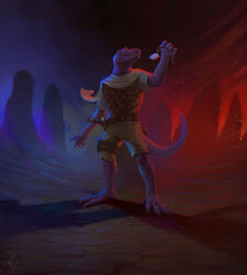  4_toes 5_fingers amarian blue_glow bottomwear claws clothing dark draselth feet fingers green_clothing hi_res kobold lizard_tail male medallion orange_eyes outside protruding_teeth purple_body purple_scales red_glow rock scales shorts solo toe_claws toes unobtrusive_watermark 