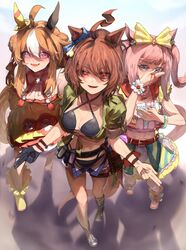  3girls absurdres agnes_digital_(umamusume) agnes_tachyon_(lunatic_lab)_(umamusume) agnes_tachyon_(umamusume) ahoge animal_ears ankle_boots bagua belt belt_pouch bikini black_belt black_bikini blood blue_shorts boots bow bowtie breasts brown_hair canister check_medium cleavage commentary copano_rickey_(umamusume) criss-cross_halter double_bun ear_covers ear_ornament from_above full_body green_jacket grey_eyes hair_between_eyes hair_bun hairbow halterneck highres horse_ears horse_girl horse_tail jacket long_hair looking_at_viewer micro_shorts midriff multiple_girls nosebleed oerba_yun_fang official_alternate_costume open_clothes open_fly open_mouth open_shorts painting_(medium) pink_hair pouch purple_eyes red_belt red_eyes shoes short_hair shorts sidelocks skin_fang skirt swimsuit tail thigh_belt thigh_strap tied_jacket tonariuta traditional_media translation_request trigram two_side_up umamusume watercolor_(medium) white_hair yellow_bow yellow_skirt 