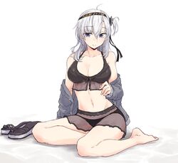  barefoot bikini bikini_skirt black_bikini breasts cleavage female full_body grey_eyes grey_jacket highres jacket kantai_collection large_breasts long_hair one_side_up rindou_(rindou_annon) sandals simple_background sitting solo suzutsuki_(kancolle) suzutsuki_(swimsuit_mode)_(kancolle) swimsuit unworn_sandals white_background white_hair yokozuwari 