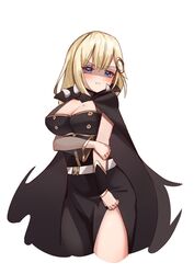  black_cape black_dress blonde_hair blue_eyes breasts cape cleavage commentary cosplay detached_sleeves dress female hair_ornament highres hololive hololive_english large_breasts mole mole_on_breast mori_calliope mori_calliope_(1st_costume) mori_calliope_(cosplay) see-through see-through_sleeves shaded_face simple_background single_detached_sleeve skaarl_(artist) solo spiked_cape spikes virtual_youtuber watson_amelia white_background 