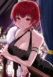  arm_strap azur_lane bare_shoulders black_choker black_dress blush breasts choker cleavage closed_mouth collarbone commentary commission cowboy_shot curtains dress feather_boa female hair_between_eyes highres indoors large_breasts looking_at_viewer night official_alternate_costume pixiv_commission railing red_eyes red_hair short_hair sidelocks skyline sleeveless sleeveless_dress smile solo standing weser_(azur_lane) weser_(urbane_onyx)_(azur_lane) window yomogi_dango 