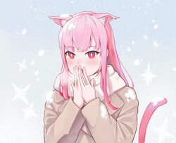  alternate_costume animal_ears blush brown_coat cat_ears cat_tail coat commentary english_commentary female gradient_background highres hololive hololive_english kemonomimi_mode long_hair mori_calliope nuebunny own_hands_together pink_hair pink_tail red_eyes scarf simple_background snowflakes solo tail upper_body virtual_youtuber warming_hands white_scarf 