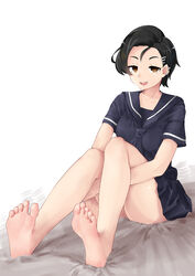  absurdres bare_legs barefoot black_hair black_skirt blonde_hair ear_piercing feet female foot_focus foreshortening full_body hair_ornament hairclip highres looking_at_viewer nanami_kazuki open_mouth original piercing sailor_collar school_uniform serafuku short_hair simple_background sitting skirt soles toes white_background 